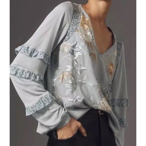 Anthropologie Tops - Anthropologie Tiny Frances Embroidered V-Neck Long Sleeve Ruffled Top Size XS